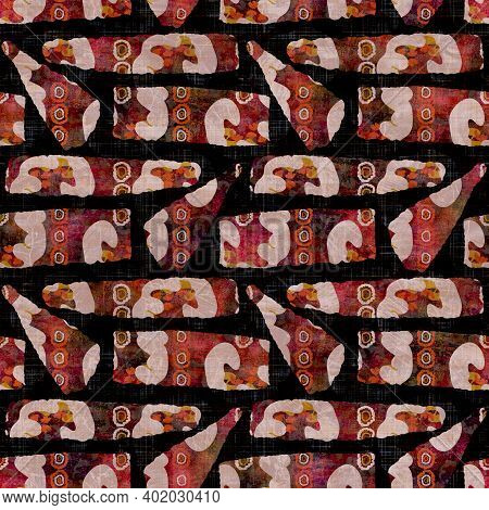 Seamless Dark Geometric Block Print Background. Boho Ethnic Soft Furnishing Fabric Style. Tie Dye Pa