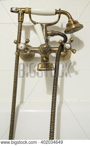 Antique Copper Style Bath Tube Faucet. Selective Focus