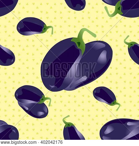 Seamless Background From Purple Eggplants. Vector Illustration Isolated On Yellow Background.