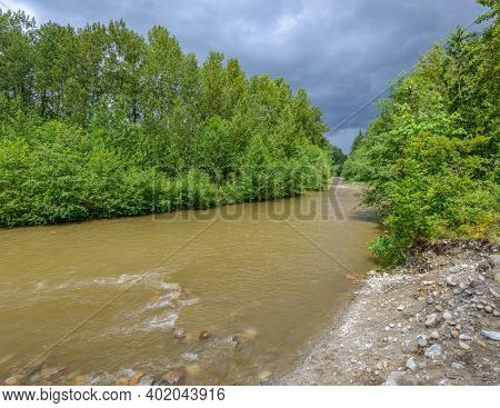 Majestic mountain river in Canada. Traboulay Port Coquitlam Park. Vancouver.