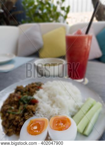 Thaifood Basil Chicken With Boiled Egg, Stock Photo