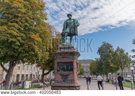 Stuttgart,germany - November 17, 2020: People And Animal Statues At Castle Square In Stuttgart, Germ