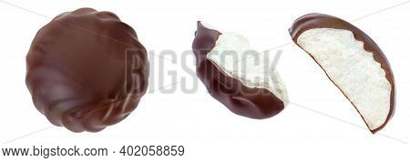 Chocolate Coated Marshmallow (zefir) Isolated On White Background. Sweet Round Marshmallow With Piec