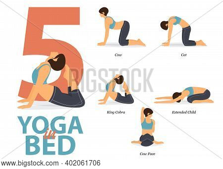 Infographic Of 5 Yoga Poses For Easy Yoga At Home  In Flat Design. Beauty Woman Is Doing Exercise Fo