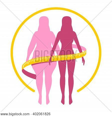 Losing Weight Comparsion - Diet, Fitness Or Liposaction Logo - Fat Woman Body In Dashed Line And Sli