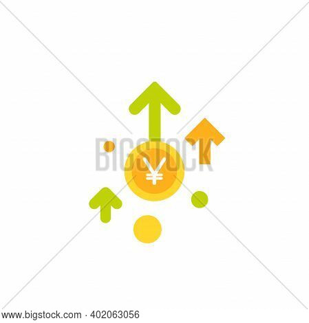 Japanese Yen Growth Vector Icon. Gold Korean Won Coin With Three Up Arrows. Flat Icon. Isolated On W