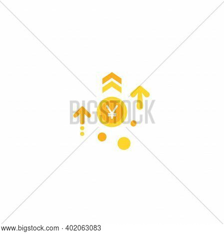 Japanese Yen Growth Vector Icon. Gold Korean Won Coin With Three Up Arrows. Flat Icon. Isolated On W