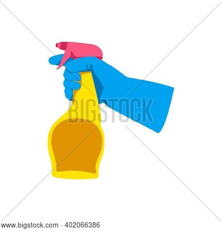 Hand Holding Sprayer Bottle. Gloved Hand With Detergent Supply Product. Cleaning Service, Housework,