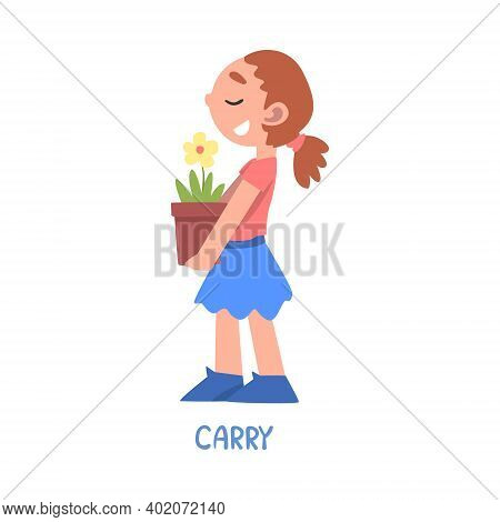 Carry Word, The Verb Expressing The Action, Children Education Concept, Cute Girl Carrying Flower Po