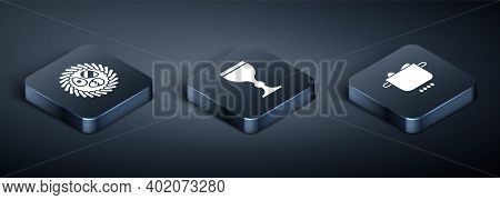 Set Isometric Easter Egg In A Wicker Nest, Egg In Hot Pot And Wine Glass Icon. Vector