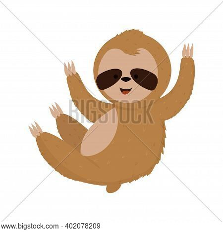 Cartoon Sloth Bear In Funny Pose, Happy Smiling Animal Character Isolated On White Background In Sca