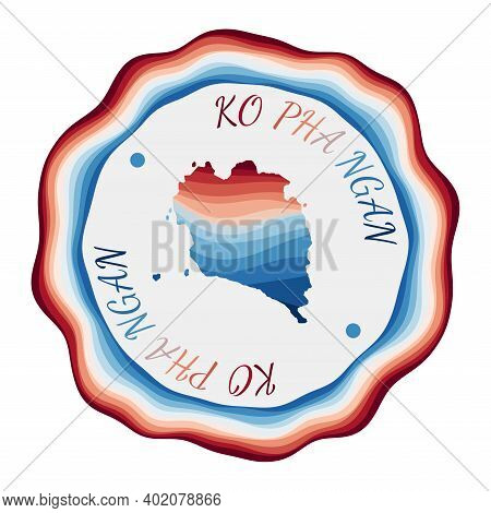 Ko Pha Ngan Badge. Map Of The Island With Beautiful Geometric Waves And Vibrant Red Blue Frame. Vivi