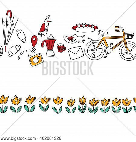 Doodle Pattern With Cheese, Wine, Klomps And Other Other Tourist Stuff. Hand Drawn Pattern In Doodle
