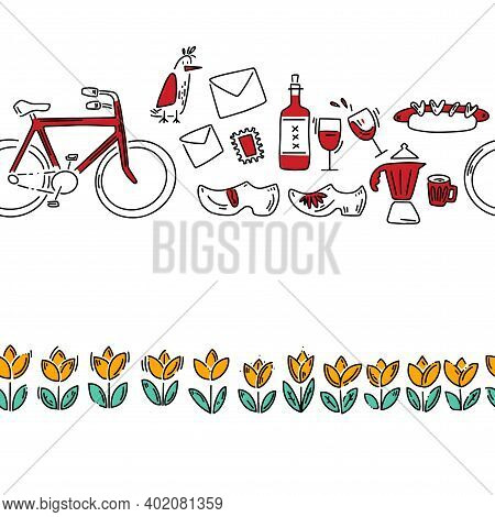 Dutch Wine Festival Pattern. Hand Drawn Pattern In Doodle Style. Vector Image, Clipart, Editable Det