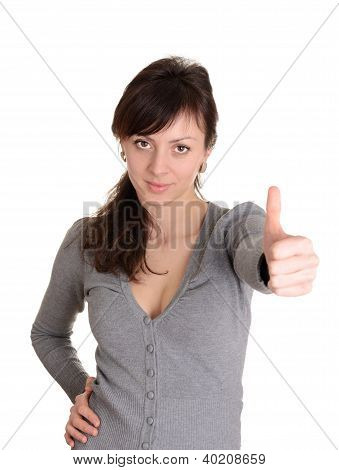 Une femme heureuse avec Thumbs Up - isolé sur fond blanc