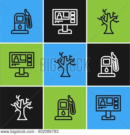 Set Line Petrol Or Gas Station, Withered Tree And Television Report Icon. Vector