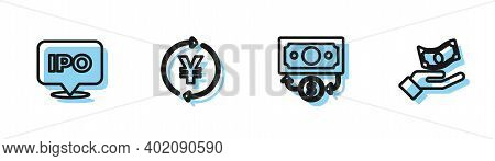 Set Line Stacks Paper Money Cash, Ipo, Coin With Yen And Hand Holding Icon. Vector