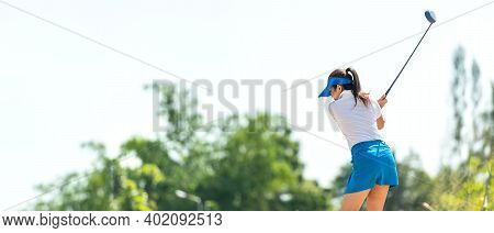 Golfer Sport Course Golf Ball Fairway. People Lifestyle Woman Playing Game Golf Tee Of On The Green 