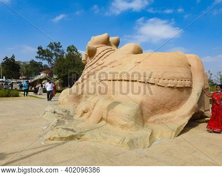 Closeup Of Beautiful Huge Or Big Lord Shiva Vehicle Nandi, Basava In A Blue Sky Background