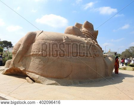 Closeup Of Beautiful Huge Or Big Lord Shiva Vehicle Nandi, Basava In A Blue Sky Background