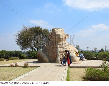 Closeup Of Beautiful Huge Or Big Lord Shiva Vehicle Nandi, Basava In A Blue Sky Background
