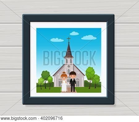 Wedding Couple. Newlyweds In Frame On Background Of Church. Cartoon Flat Style. Vector Illustration