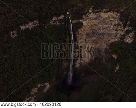 Aerial Panorama Of Catarata Del Gocta Waterfall Cataract Cascade In Bongara Amazonas Near Chachapoya