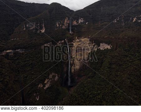 Aerial Panorama Of Catarata Del Gocta Waterfall Cataract Cascade In Bongara Amazonas Near Chachapoya