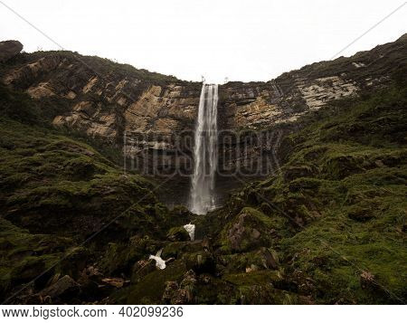 Panoramic View Of Catarata Del Gocta Waterfall Cataract Cascade In Bongara Amazonas Near Chachapoyas