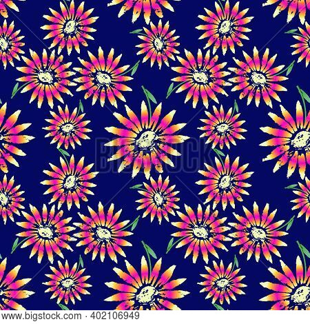 Exuberant Bold Daisy Flowering Seamless Vector Pattern. Hand Painted Tropical Flowers Decorative Bac