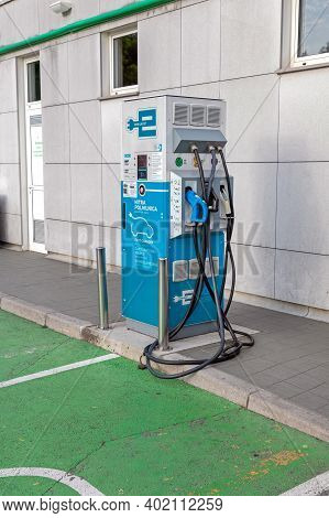 Otocec, Slovenia - June 12, 2019: Fast Charger For Electric Vehicles At Petrol Station Near Otocec, 