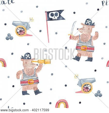 Cute teddy bear pirate. Seamless pattern. Watercolor illustration. Creative childish texture for fabric, wrapping, textile, wallpaper, apparel.