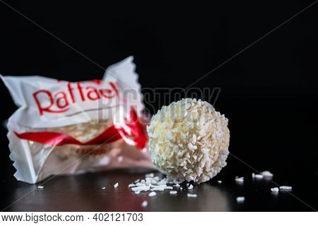 Ferrero Raffaello White Candy With Coconut Flakes Isolated.  Bucharest, Romania, 2021