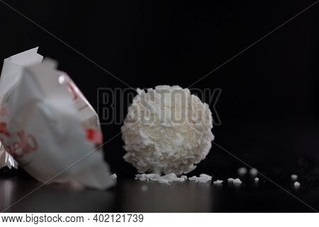 Ferrero Raffaello White Candy With Coconut Flakes Isolated.  Bucharest, Romania, 2021