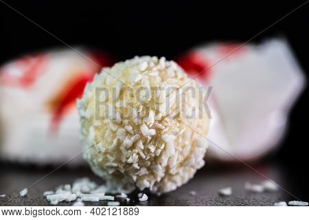 Ferrero Raffaello White Candy With Coconut Flakes Isolated.  Bucharest, Romania, 2021