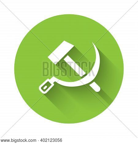 White Hammer And Sickle Ussr Icon Isolated With Long Shadow. Symbol Soviet Union. Green Circle Butto