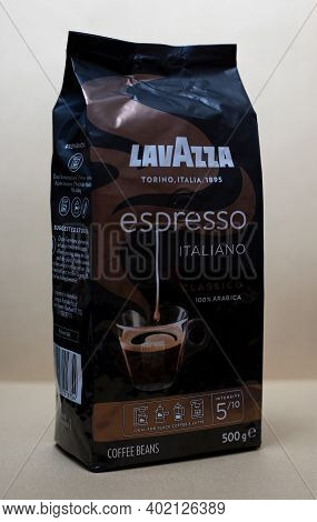 Warsaw, Poland, January 06, 2021. Coffee Beans Lavazza, 500 G. Torino, Italia, 1895. Espresso Italia