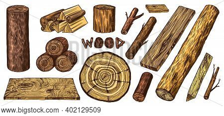 Wood Set. Planks And Logs, Lumber And Cuts, Firewood In Vintage Style. Pieces Of Tree. Vector Illusi