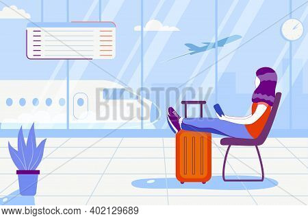 Young Woman Is Sittinding Near Window At The Airport And Watching Plane Before Departure. Travel Tou