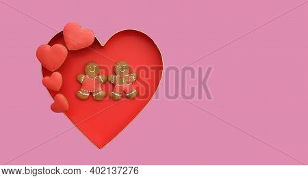 Cute Funny Gingerbread Couple With Heart Decoration For Valentine Day. Sweet Love Concept