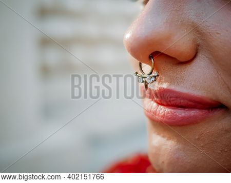Close-up Of Indian Woman's Nose Ring, Nath.