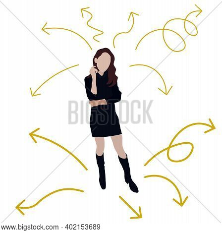 Path Choice Woman Vector Stock Illustration. The Girl Stands At A Crossroads. Multitasking. Planning