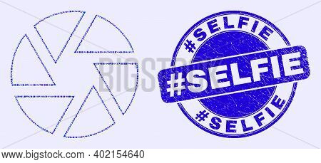 Geometric Shutter Mosaic Icon And Hashtag Selfie Stamp. Blue Vector Round Distress Seal Stamp With H