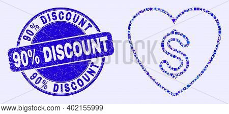 Geometric Love Price Mosaic Pictogram And 90 Percents Discount Stamp. Blue Vector Round Textured Sea