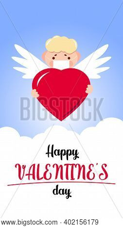 A Cute Hand-drawn Flying Cupid In Medical Face Mask With Slings And Arrow Aim At Heart. Clouds Aroun