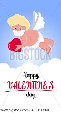 A Cute Hand-drawn Flying Cupid In Medical Face Mask With Slings And Arrow Aim At Heart. Clouds Aroun