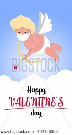 A Cute Hand-drawn Flying Cupid In Medical Face Mask With Slings And Arrow Aim At Heart. Clouds Aroun