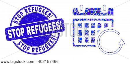 Geometric Calendar Rollback Mosaic Pictogram And Stop Refugees Exclamation Seal Stamp. Blue Vector R