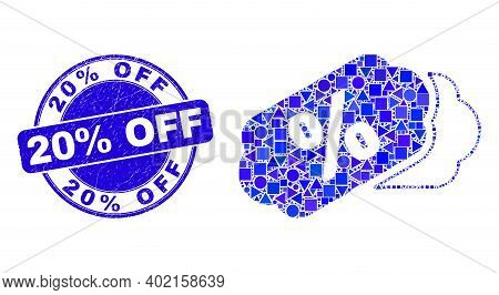 Geometric Percent Tags Mosaic Pictogram And 20 Percent Off Seal Stamp. Blue Vector Rounded Distress 