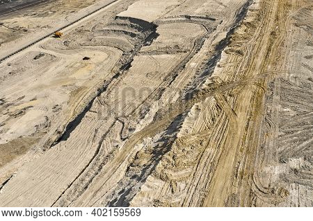 Aerial View Of Coal Mining With Bucket Wheel Excavator. Top View Of A Quarry. Heavy Mining Industry